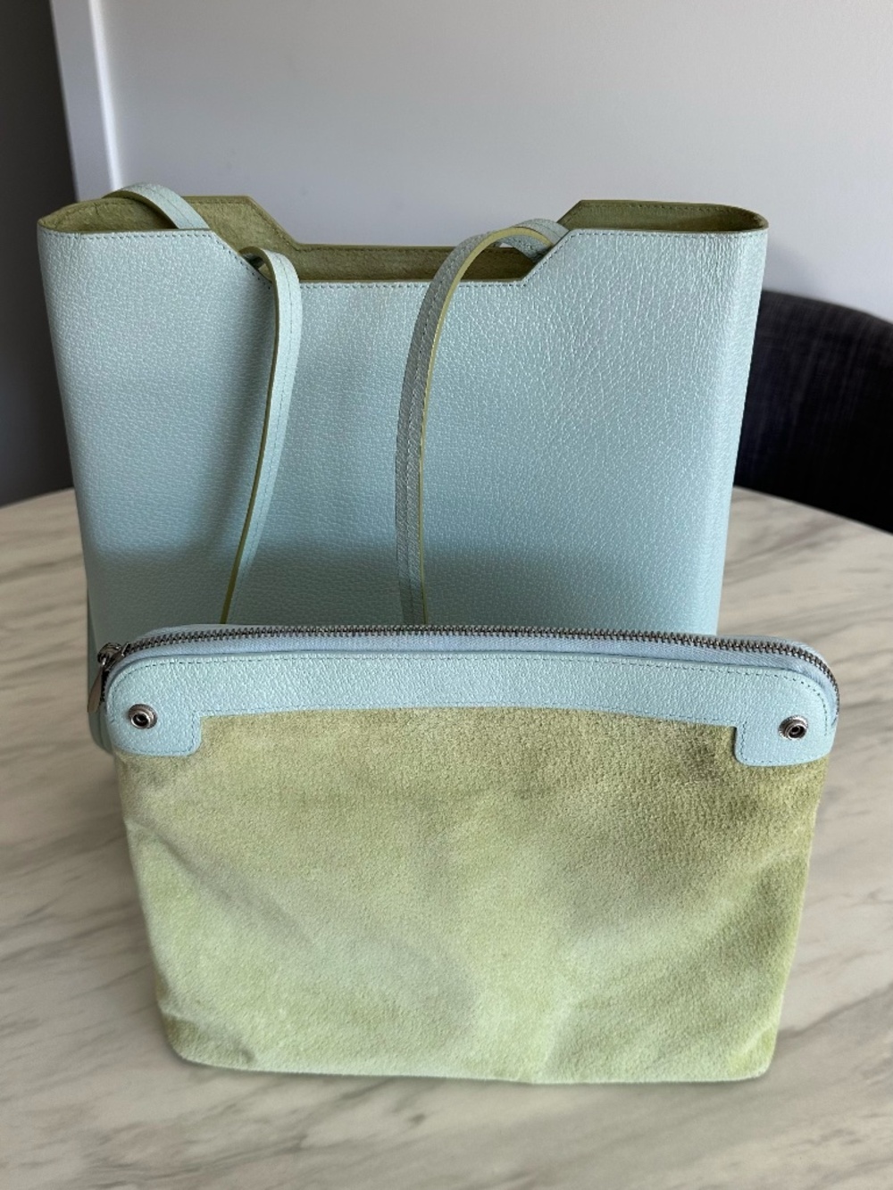 Vintage Y2K TUMI Light Blue Leather Magazine Tote Bag w/ Pouch